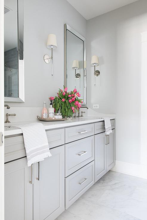 Gray Bathroom Mirror
 Light Gray Bath Vanity Cabinets with Silver Beveled