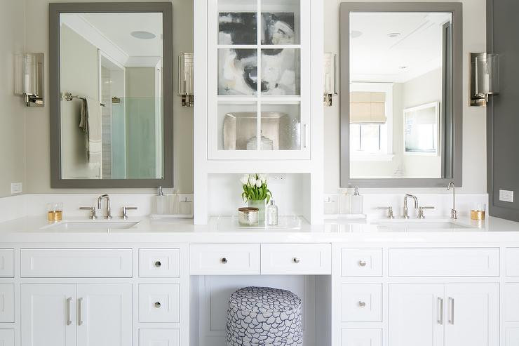 Gray Bathroom Mirror
 White Bathroom Vanity with Gray Mirror Transitional
