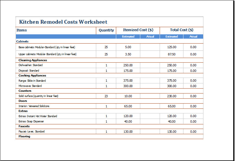 Kitchen Remodel Cost Estimator
 MS Excel Kitchen Remodel Costs Calculator Template