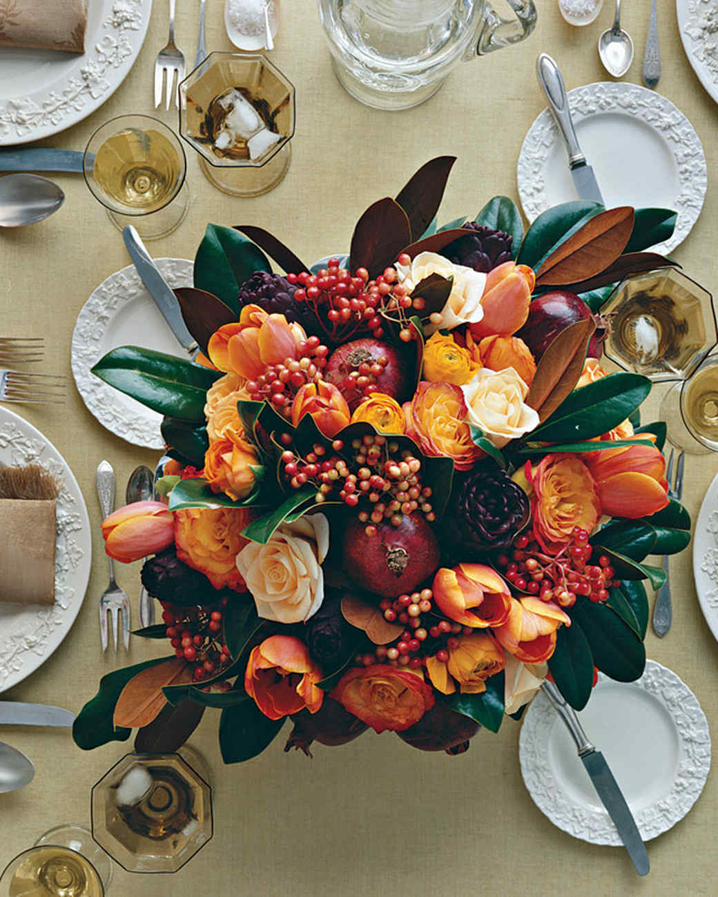 Thanksgiving Table Settings Martha Stewart
 Thanksgiving Centerpiece with Pomegranates Tulips and Roses